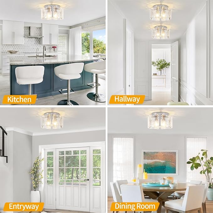 15'' Modern Brushed Nickel Semi Flush Mount Ceiling Light, Hallway Light Fixtures, 3-Light Glass Ceiling Lights for Entryway Kitchen Dining Room Foyer Bedroom Laundry Lighting Fixtures, UL-Listed