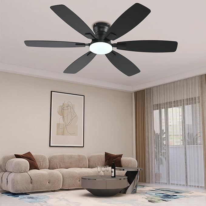 Ceiling Fans with Lights, 52 Inch Low Profile Ceiling Fan with Light and Remote Control, Flush Mount, Reversible, 3CCT, Dimmable, Quiet, Black Ceiling Fan for Bedroom Indoor/Outdoor Use