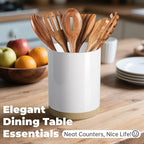 Ceramic Kitchen Utensil Holder for Countertop, Modern Crock with Non-Slip Cork Base, Counter Organizer for Cooking Tools , White
