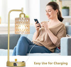 Amber Table Lamp with USB Port and Outlet Set of 2, Glass Bedside Table Lamp for Bedroom, Retro Desk Lamps for Home Office, Mid Century Modern Small Night Stand Lamps, Gold Rustic Desk Light
