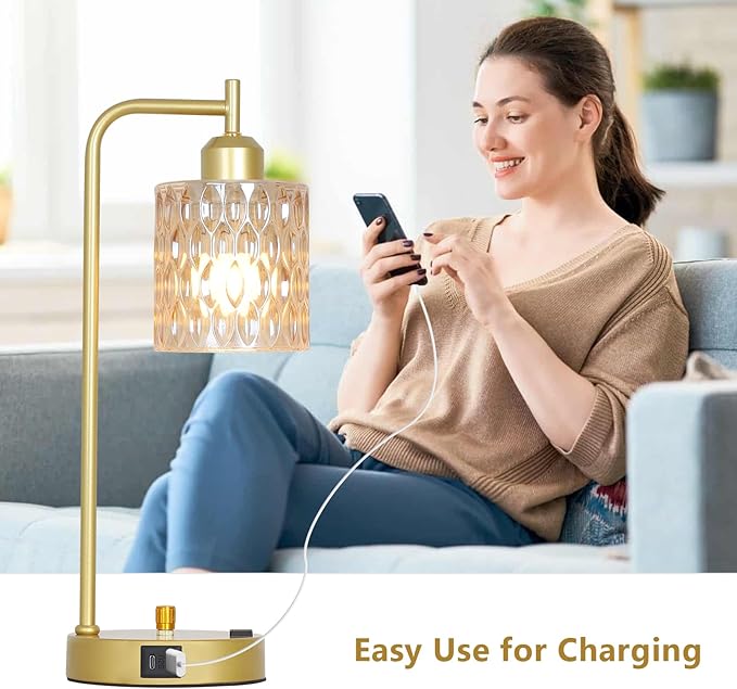 Amber Table Lamp with USB Port and Outlet Set of 2, Glass Bedside Table Lamp for Bedroom, Retro Desk Lamps for Home Office, Mid Century Modern Small Night Stand Lamps, Gold Rustic Desk Light