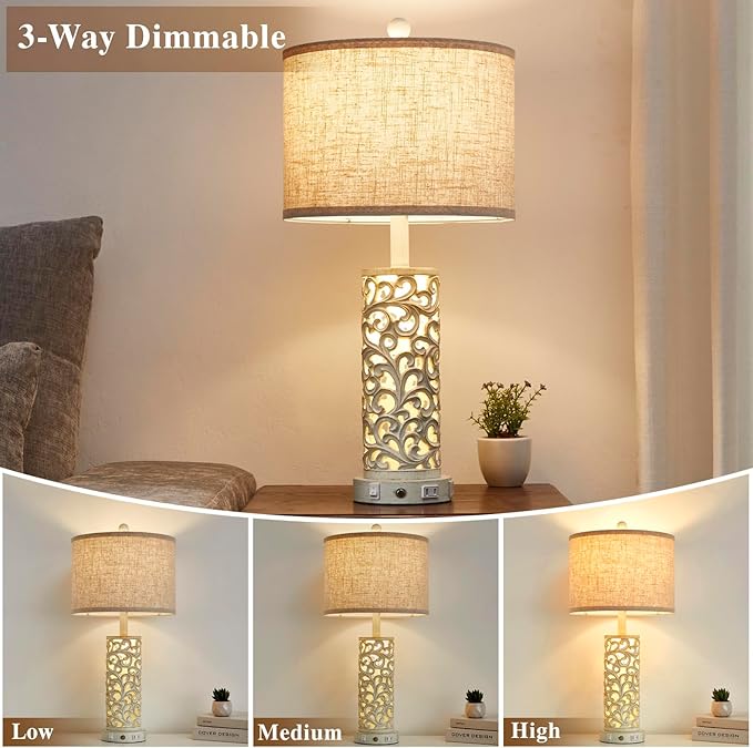 26" Farmhouse Table Lamp - 2 USB A+C 3-Way Dimmable Touch Lamps