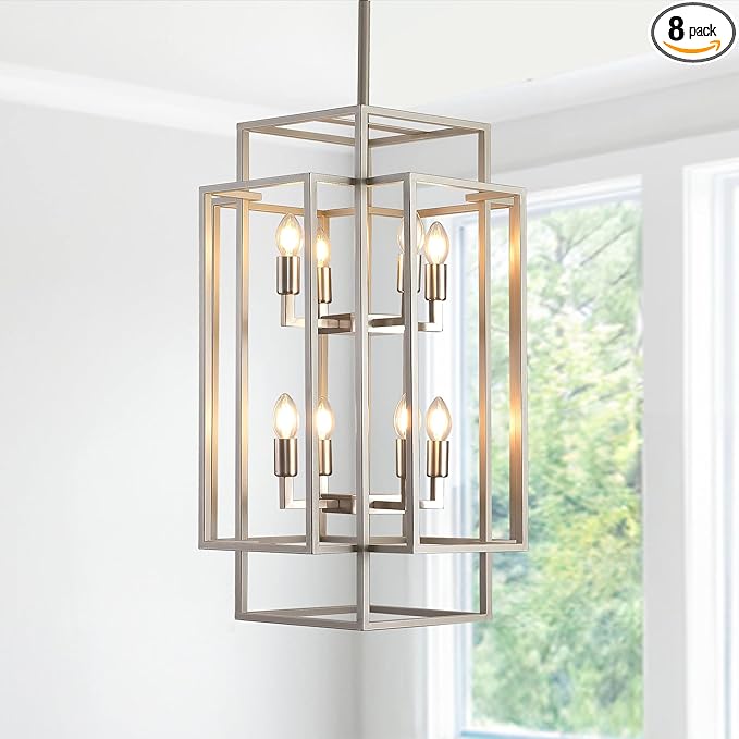 Sliver Foyer Chandelier High Ceiling: Modern 8-Light Farmhouse Lantern Chandeliers for Entryway Industrial Large Pendant Light Fixtures for Entry Staircase Hallway Dining Room Kitchen Island