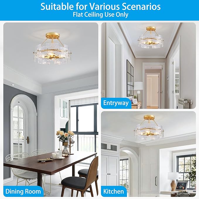 XINGQI Modern Gold Ceiling 4-Light Farmhouse Water Ripple Glass Ceiling Lighting Fixture 15.7" Drum Ceiling Lights for Bedroom Dining Room Living Room Hallway Entryway Closet