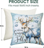 Christmas Throw Pillow Covers 16x16 Set of 4,Merry Christmas Tree Reindeer Sleigh Snowman Blue and White Xmas Winter Holiday Decorative Pillowcase Farmhouse Home Decor for Sofa Couch Cushion