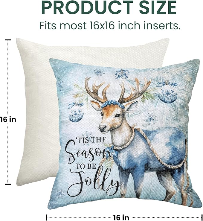 Christmas Throw Pillow Covers 16x16 Set of 4,Merry Christmas Tree Reindeer Sleigh Snowman Blue and White Xmas Winter Holiday Decorative Pillowcase Farmhouse Home Decor for Sofa Couch Cushion