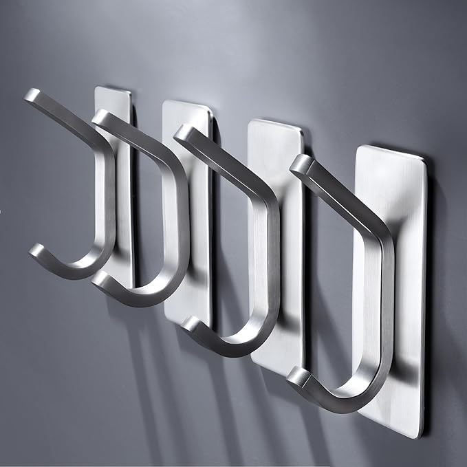 DELITON Adhesive Towel Hooks for Bathroom - 4 Pack Heavy Duty Stick on Wall Hooks, Waterproof Robe/Coat Hangers for Kitchen, Shower (Silver, Stainless Steel)
