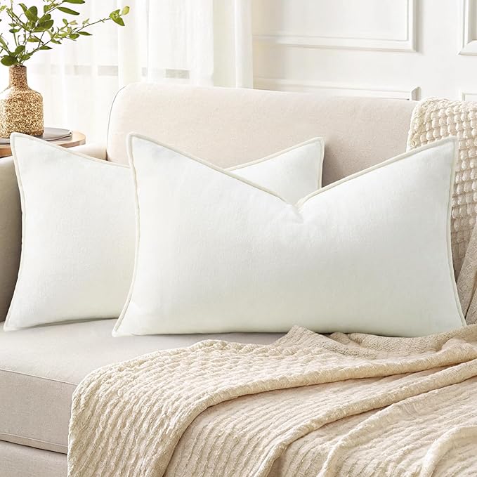 decorUhome Couch Throw Pillow Covers 12x20 Set of 2, Decorative Soft Euro Neutral Chenille Lumbar Pillow Covers with Elegant Design for Sofa Bed Living Room Home Decor, Cream White