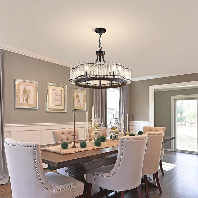 6 Light Modern Crystal Chandelier Dining Room Light Fixture Black Round with Crystal Rods Pendant Lighting Adjustable Farmhouse Wagon Wheel Light Fixture for Living Room,Kitchen,Foyer