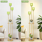 HMVPL Vintage Floor Lamp with Shelves, Gold Floor Lamp with Table, Mid Century Standing Lamp with Green Glass Shade, On/Off Switch, Boho Corner Lamp for Living Room, Brass Tall Lamp for Bedroom Office