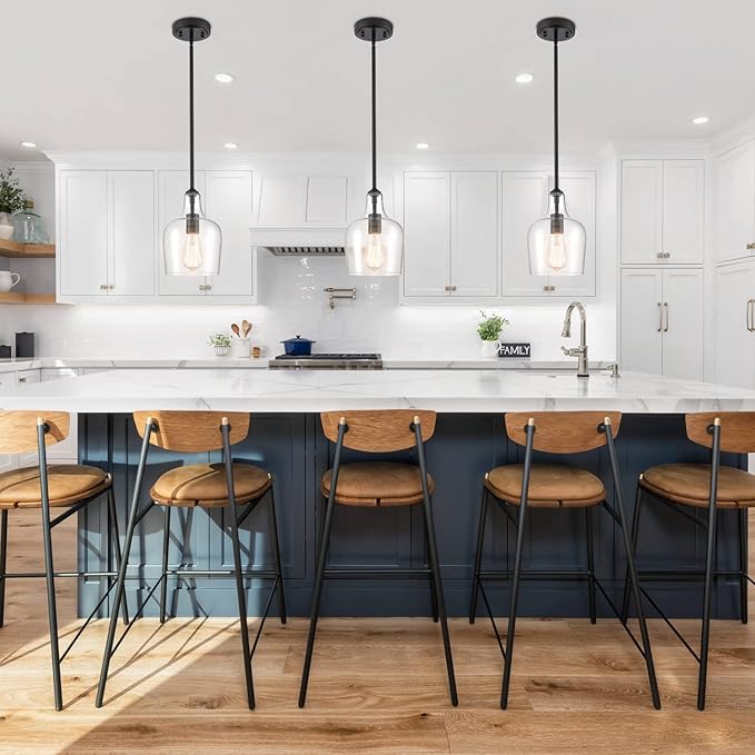 Modern Farmhouse Pendant Lighting for Kitchen Island Glass Black Pendant Light Fixtures Rod-Hung