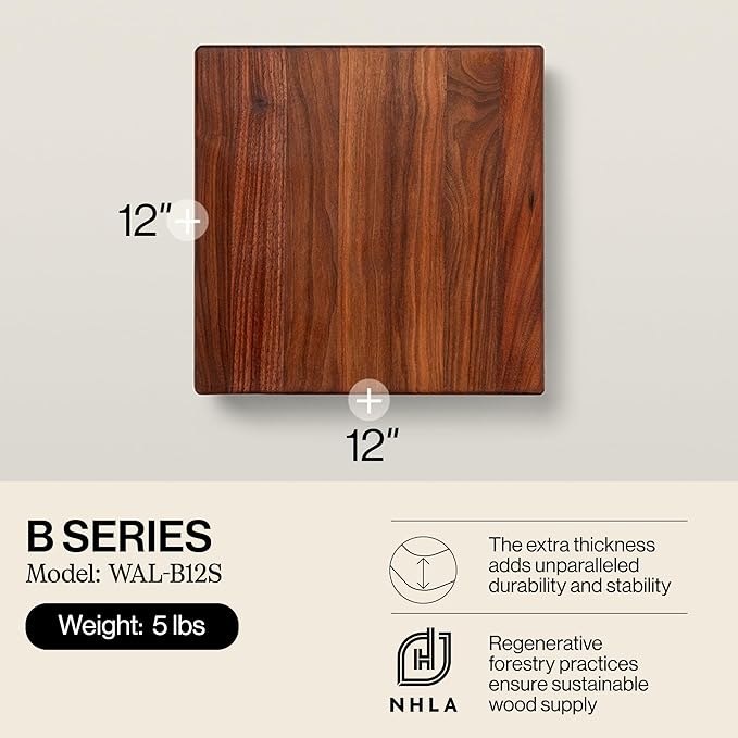John Boos B Series Square Wooden Walnut Cutting Board 12”x12” – 1.5” Thick, 5-lb Non-Reversible Butcher Block with Wood Bun Feet & Edge-Grain