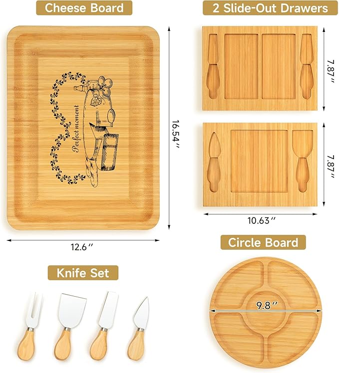 Bamboo Cheese Board Set with Marble, Large Charcuterie Boards and Knife Set, Cheese Platter with 2 Drawers, Include Round Fruit and Meat Cutting Board, Housewarming Gift