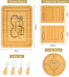 Bamboo Cheese Board Set with Marble, Large Charcuterie Boards and Knife Set, Cheese Platter with 2 Drawers, Include Round Fruit and Meat Cutting Board, Housewarming Gift