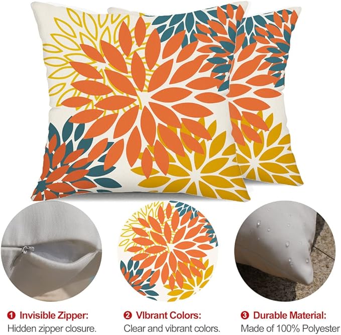 DFXSZ Orange Yellow Flower Pillow Covers 22x22 Inch Set of 2 Fall Throw Pillows Outdoor Waterproof Decor for Living Room Sofa Patio Funiture Garden Floral Polyester Pillow Covers 012E22