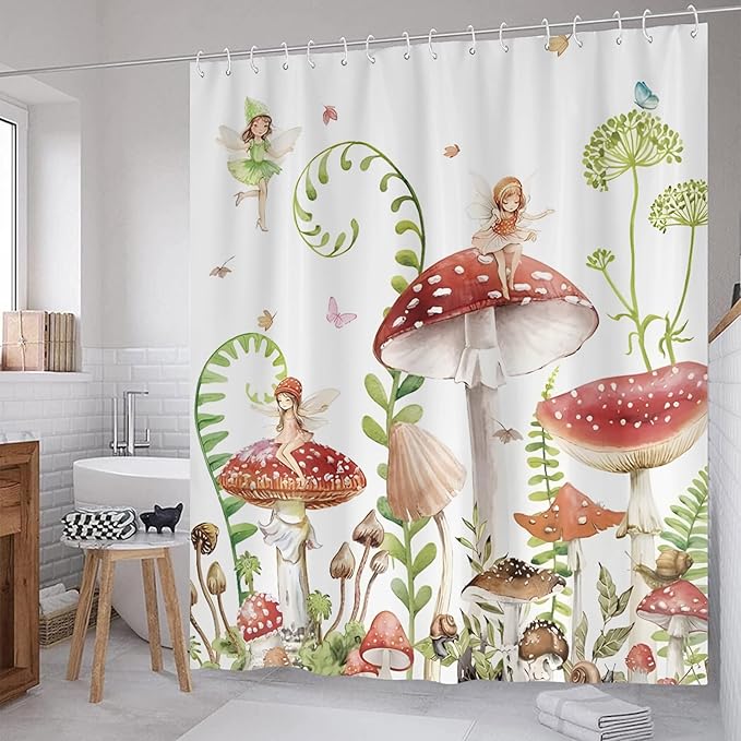 Mushroom Shower Curtain Green Plant Leaves Butterfly Fairy Girls Shower Curtains for Bathroom Waterproof Polyester Fabric Bathroom Curtain 72 x 72 Inch with 12 Plastic Hooks