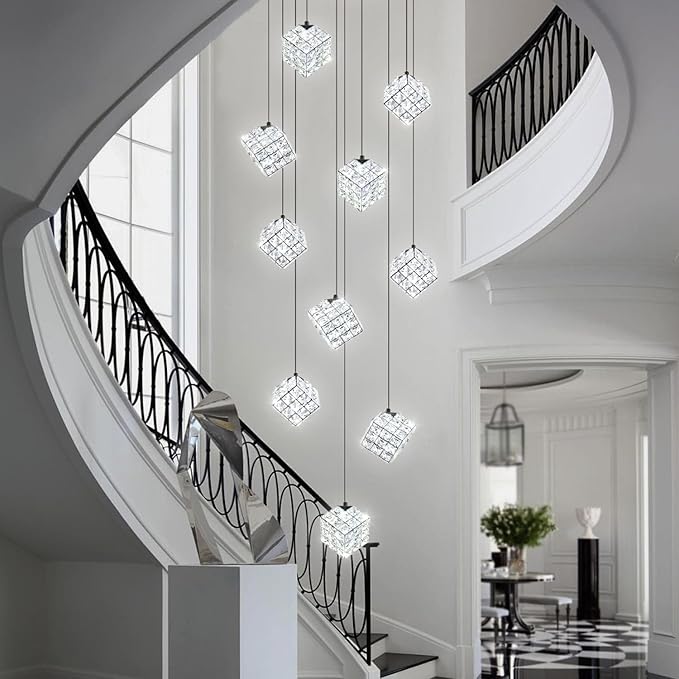 10-Lights LED Staircase Chandelier Modern Foyer Chandeliers Large Chandelier for High Ceilings,Crystal Pendant Light for Living Room Stairwell Dining Room Entryway