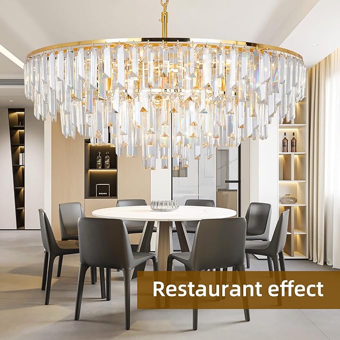 Gold Modern Round Top K9 Crystal Chandelier Lighting Fixture, 13 Lights Round K9 Crystal Adjustable Hanging Lamp for Dining Room Bedroom Living Room,Hallway,Bar,Kitchen W31''