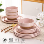 AmorArc Ceramic Dinnerware Sets for 8, 24 Pieces Handpainted Speckled Plates and Bowls Set with Rustic Terracotta Underside, Scratch Resistant Stoneware Dishes Set, Dishwasher & Microwave Safe, Pink