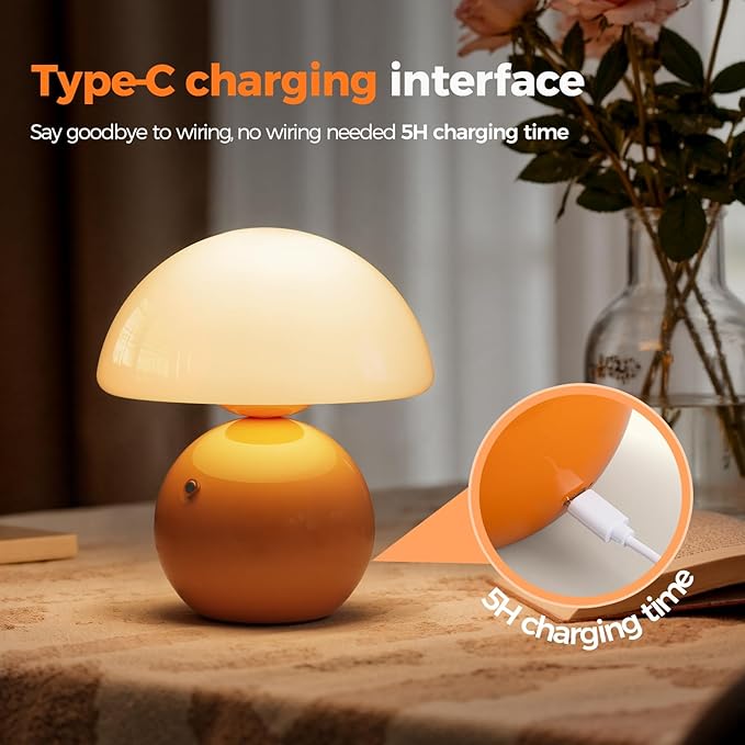 NIORSUN Mushroom Lamp Table Lamp for Bedroom, Portables Cordless Table Lamp,Wireless lamp,Small Bedside Table Touch Lamps for Living Room,Mini Mushroom 5200mAh Battery Operated Lamp Modern Orange