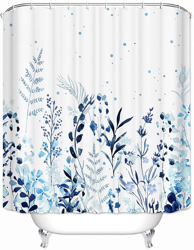 Shower Curtain, Fabric Shower Curtain Botanical Shower Curtain Blue, Hooks Hotel Shower Curtains for Bathroom with 12 Hooks Waterproof Shower Curtain Liner (72" x 72")