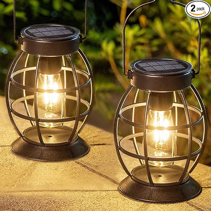 LeiDrail Solar Lantern Outdoor Hanging Solar Lights Metal LED Waterproof Christmas Lanterns Solar Powered Landscape Decor for Table Garden Yard Patio Pathway Porch 2 Pack