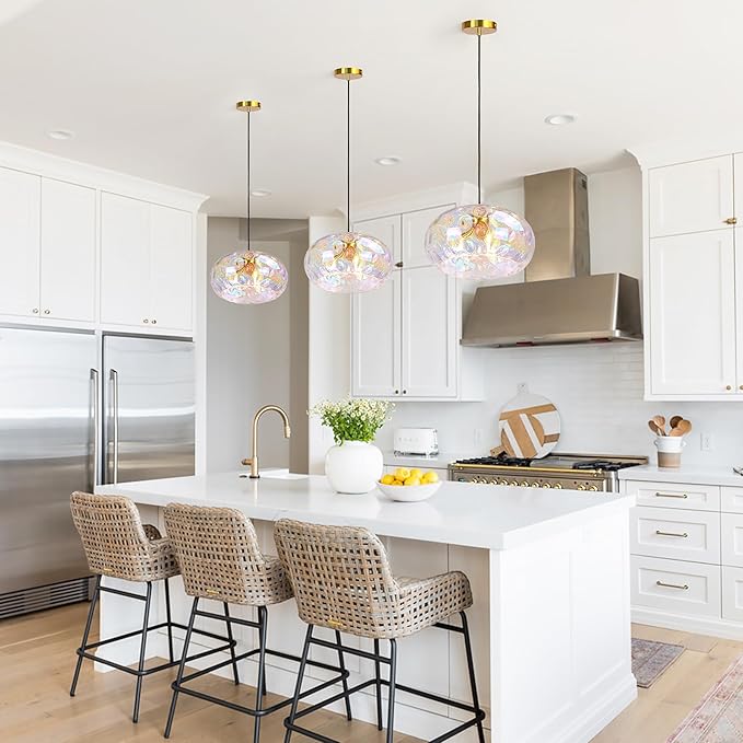 Large Glass Pendant Lighting, 14" Hammered Lampshade Hanging Lamp, 3-Light Brass Gold Chandelier for Dining Living Room Kitchen Island (Stained Glass Shade, 14 Inches)
