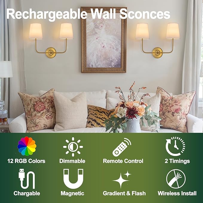 TERLEENART Battery Operated Double Wall Sconce, Cordless Rechargeable Battery Powered 2-Lights Fabric Sconces with Remote Control,Dimmable Sconce Wall Decor Lights for Vanity,Bedroom, Living Room