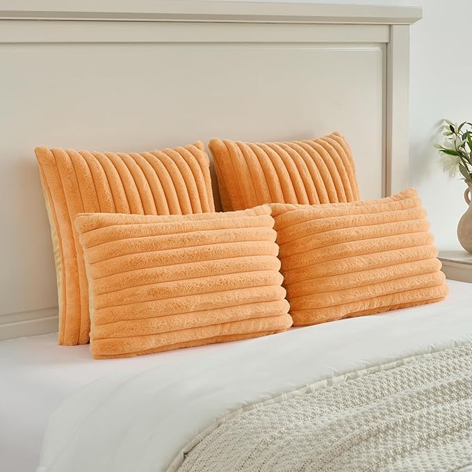 FUTEI Orange Striped Decorative Throw Pillow Covers 22x22 Inch Set of 2,Square Winter Decorations Couch Pillow Case,Soft Cozy Faux Rabbit Fur & Velvet Back,Modern Home Decor for Bed