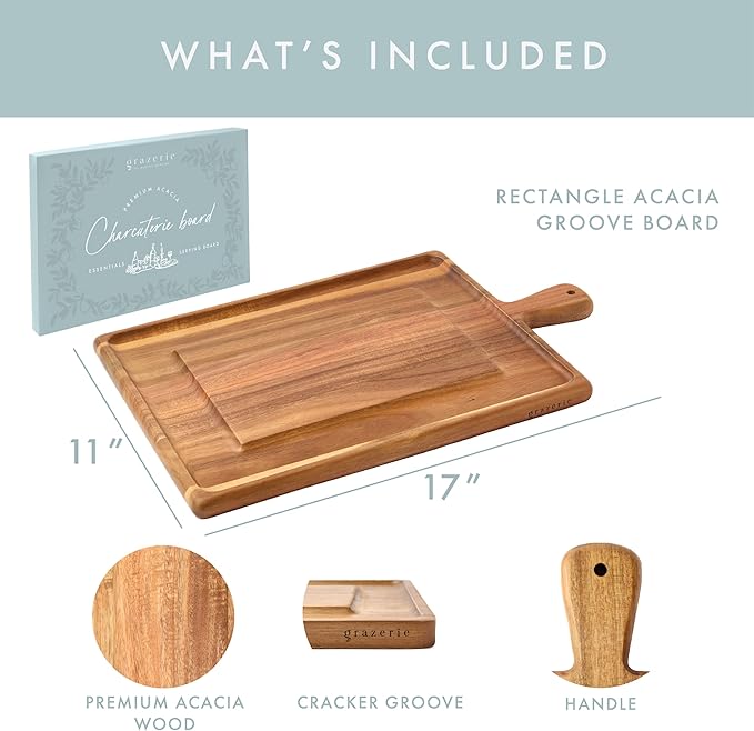 Charcuterie Board - Acacia Wood Cutting Board for Kitchen with Groove & Handle, Cheese Board for Vegetables, Bread, Fruits, Meat - Decorative Wooden Serving Tray House Warming Gift