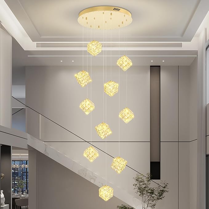 10-Lights LED Staircase Chandelier Modern Foyer Crystal Chandeliers Large Gold Chandelier for High Ceilings,Crystal Pendant Light for Living Room Stairwell Dining Room Entryway