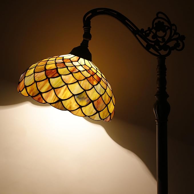Tiffany Floor Lamp Stained Glass Fish Scales Style Arched Reading Light Gooseneck Adjustable Corner Standing Lamp 12X16X66 Inch for Bedroom Living Room Home Office