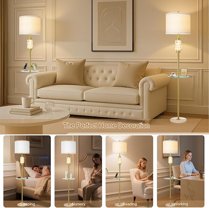 Gold Floor Lamp for Living Room with Glass Tray and Night Light,Alabaster Tall Lamp,Living Room Lamp with Linen Shade,Marble Base Standing Lamp Decor for Bedroom,Office(Bulb Included)