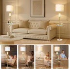 Gold Floor Lamp for Living Room with Glass Tray and Night Light,Alabaster Tall Lamp,Living Room Lamp with Linen Shade,Marble Base Standing Lamp Decor for Bedroom,Office(Bulb Included)