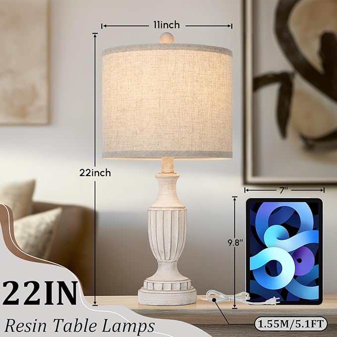 TOBUSA 22“ Farmhouse Table Lamps Set of 2, White Rustic Vintage Table Lamps for Living Room Bedroom, Antique Bedside Desk Lamps with Linen Shade, Traditional Resin Nightstand Lamp Sets for End Table