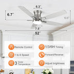 YUHAO 52 Inch Flush Mount Brushed Nickel Ceiling Fan with Light and Remote Control.Noiseless,Dimmable,3CCT,6 Speeds Reversible, Low Profile DC Ceiling Fans for Indoor Use