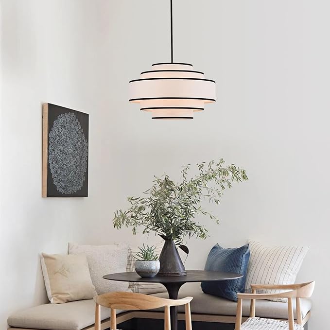 19.7" Black Drum Chandelier with White Linen Lampshade 4-Light Modern Farmhouse Chandelier Light Fixture for Living Room, Dining Room, Kitchen Island, Foyer, Entryway Bedroom