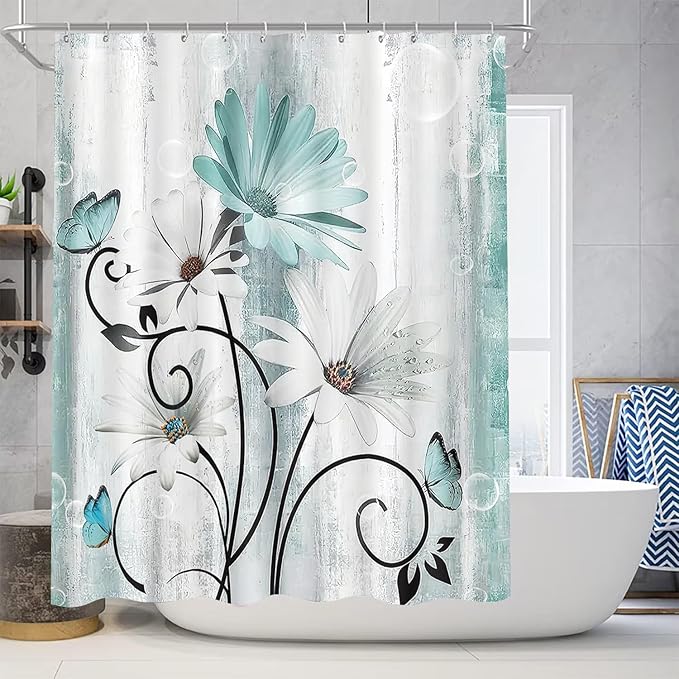 Rustic Farmhouse Shower Curtain Set, Butterfly Design and Teal Daisy Floral Flowers, Turquoise, Bath Mat, Toilet Lid Cover, U Shaped Rugs, 12 Hooks, 70.8 x 70.8 Inches,Waterproof.