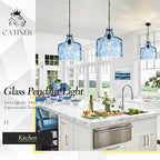 16" Extra Large Farmhouse Pendant Light – Hand-Blown Blue Hammered Glass Shade, Black Finish, Adjustable Chain Hanging Light Fixture for Kitchen Island, Dining Room, Hallway
