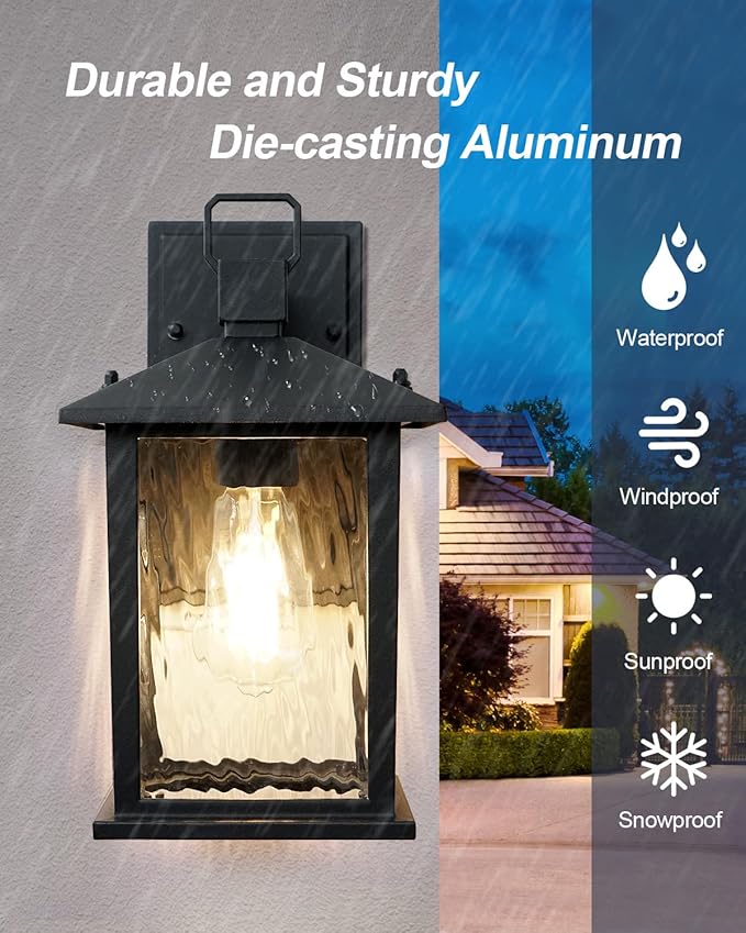 1-Pack Outdoor Porch Light, Matte Black Outdoor Wall Sconce with Water Ripple Glass, Rustproof and Waterproof, Exterior Lantern for House, Patio, Garage, 12" High, Bulb Not Included