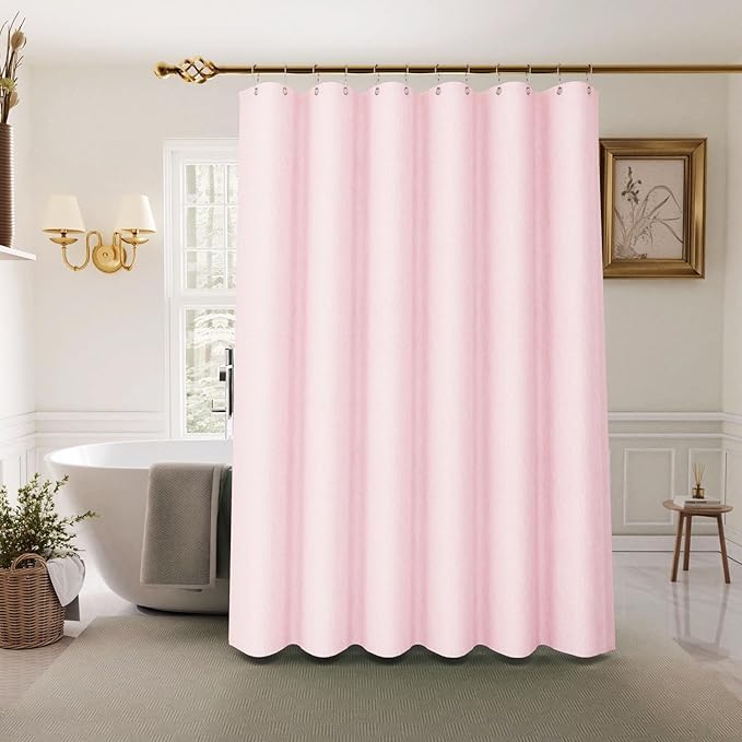 Inhousolu Boho Farmhouse Shower Curtain with Fabric Liner Set, Faux Linen Textured, 14 Metal Hooks Luxury Weighted Hem, Washable Wrinkle Free Bath Curtain for Hotel Bathroom 72" W x 96" L Pink