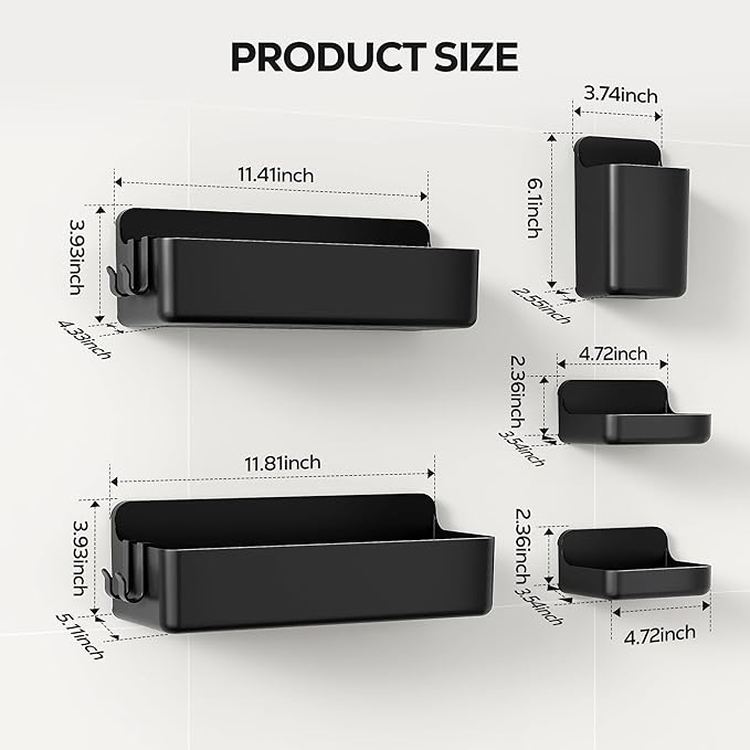 Nieifi Shower Sheves 5 Pack, Adhesive Shower Wall Shelf Organizer for Bathroom Organization, Black