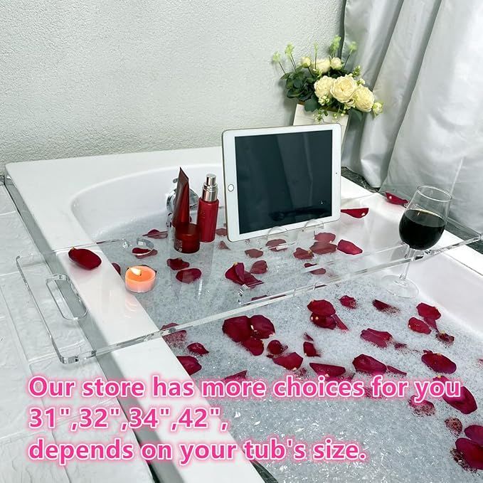 Zinginglife Luxury Clear Acrylic Bathtub Tray Caddy,Bath Tub Tray with Waterproof Design, Bath tub Caddy Table Tray for Laxury Bathroom Accessory House Warme Gifts,32",No Installation Required