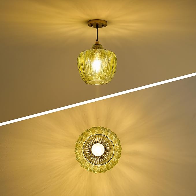 Modern Gold Pendant Light, Green Glass Farmhouse Kitchen Island Pendant Light Fixture Adjustable Vintage Hanging Ceiling Light for Dining Room Corridor Bedroom 9.45 inch