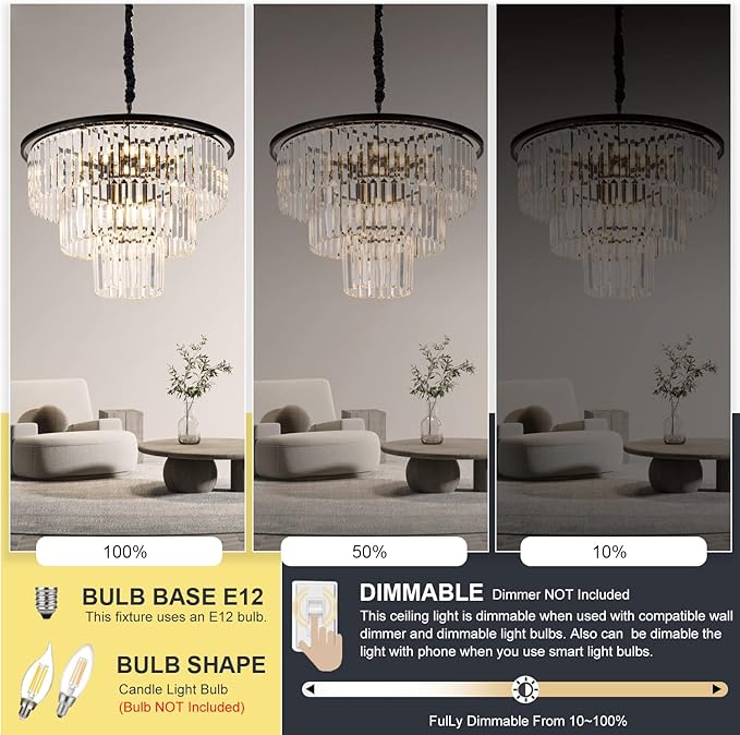 12 Lights 23.64" Black Modern Crystal Chandelier Crystal Pendant Ceiling Light Fixture 3-Tier Hanging Lighting for Dinning Room Bedroom Living Room Foyer