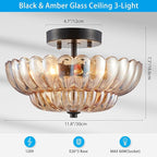 XINGQI Modern Black Semi Flush Mount Ceiling 3-Light 11.8“ Amber Glass Close to Ceiling Light Fixtures for Bedroom Living Room Entryway Hallway