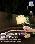 UMEXUS Small Cordless Lamp Rechargeable Table Lamps Set of 2, Dimmable Battery Operated Lights, Portable Accent Light for Side Table Restaurant Dining Outdoor, Blue Fabric Shade, Antique Brass
