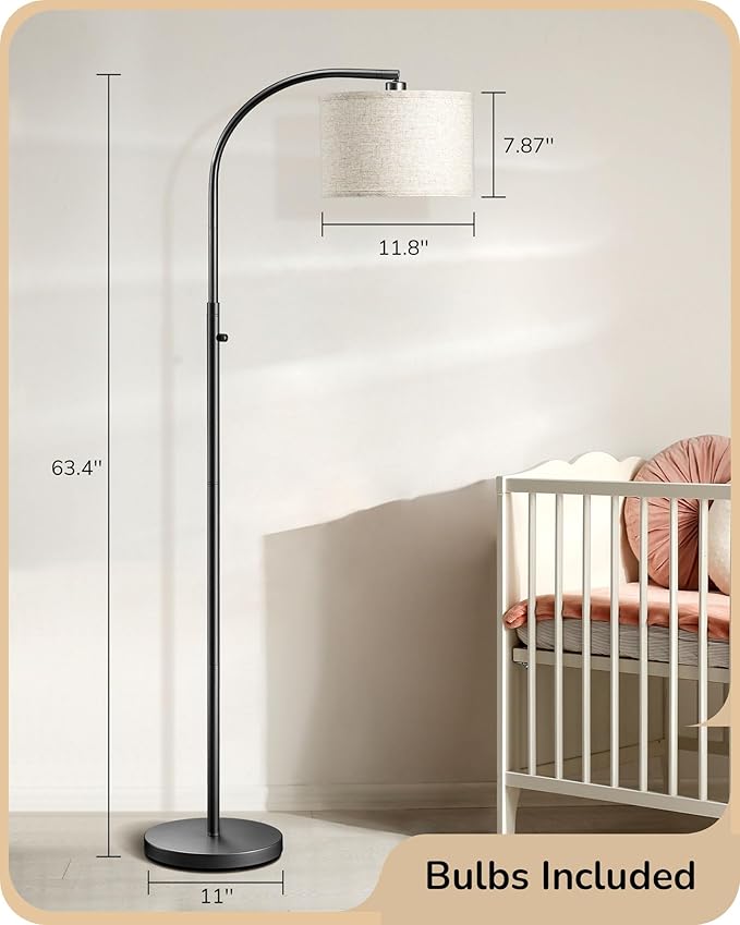 EDISHINE Black Arc Floor Lamp Dimmable, Standing Lights with Rotary Switch & Adjustable Line Lampshade, Tall Standing Lamp for Bedroom, Office, Reading Corner, A19 LED Bulb Included