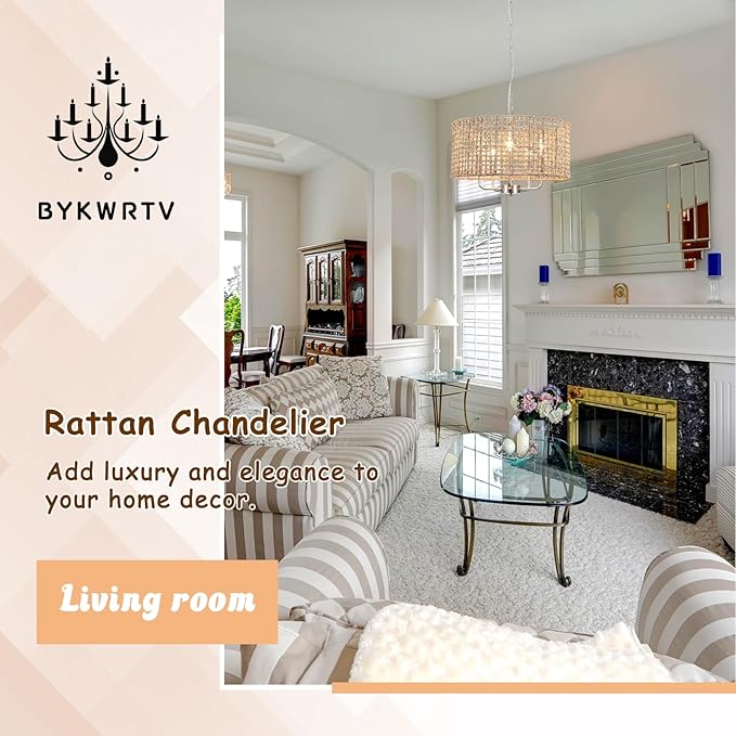 18.9'' Hand Woven Rattan Chandelier, 5-Light Rattan Pendant Light Farmhouse Chandeliers for Dining Room Light Fixture, Rustic Chandelier Wicker Hanging Pendant Lighting for Bedroom Living Room Foyer