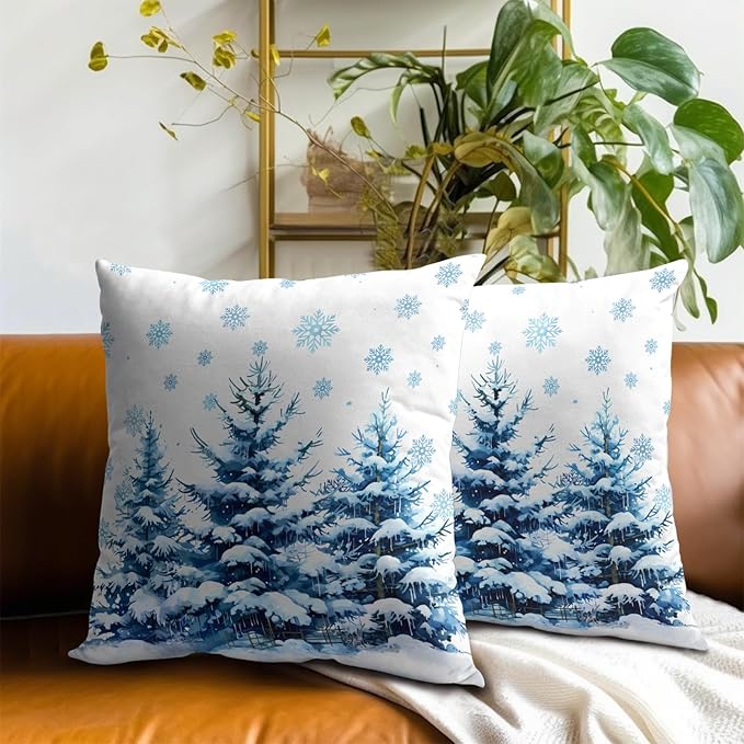 Pine Tree Throw Pillow Covers 16x16 Inches Set of 2 Winter Snowy Falling Snowflakes Trees Blue Winter Pillowcase for Bedroom Living Room Cushion Sofa